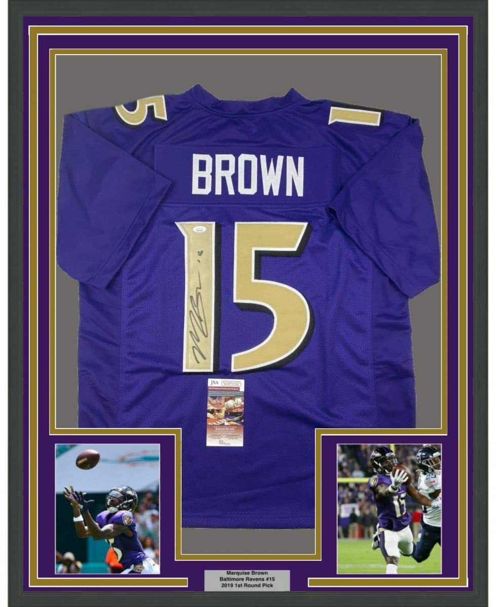 Framed Autographed/Signed Marquise Brown 35x39 Baltimore Color Rush Football Jersey JSA COA