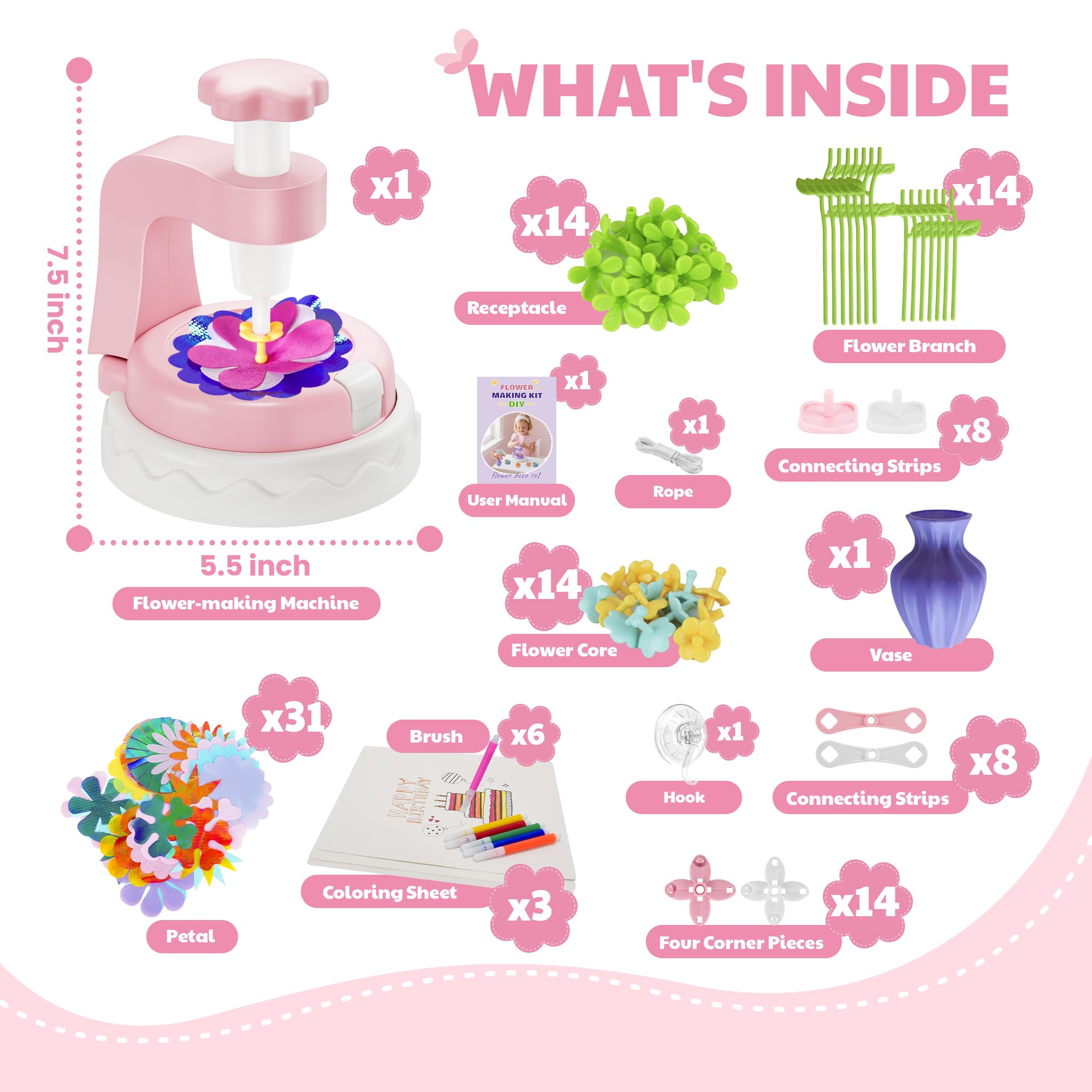 Kingci Fabric Flower Bouquets DIY Kit 117PCS Pink Creative Craft Set