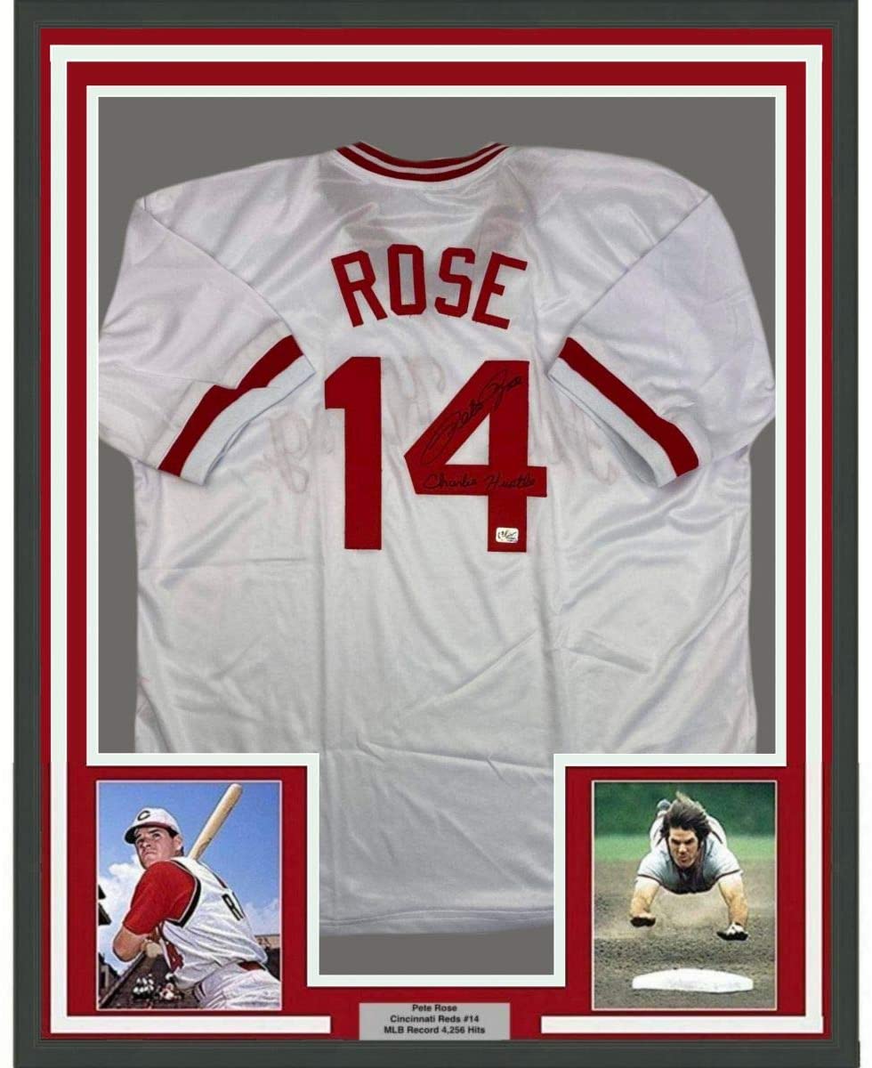 Framed Autographed/Signed Pete Rose Inscribed Charlie Hustle 35x39 Cincinnati White Baseball Jersey Athlete Hologram COA #2