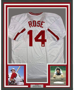 Framed Autographed/Signed Pete Rose Inscribed Charlie Hustle 35x39 Cincinnati White Baseball Jersey Athlete Hologram COA #2