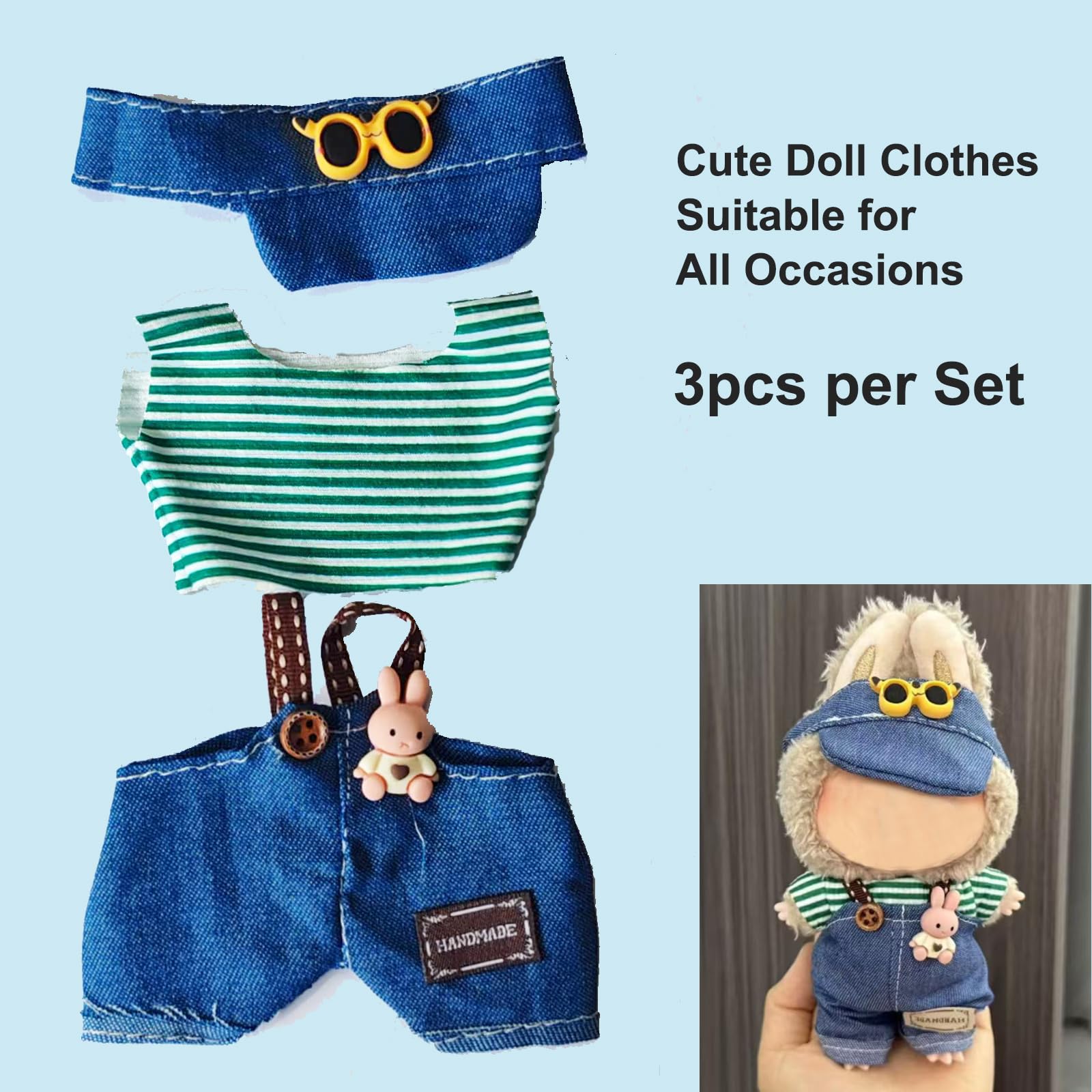 FUEMEILY LABUBU Doll Clothes 3 Sets Handmade Adjustable Kawaii Outfits Size 17cm