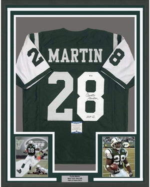Framed Autographed/Signed Curtis Martin HOF 12 35x39 New York Green Football Jersey Beckett BAS COA