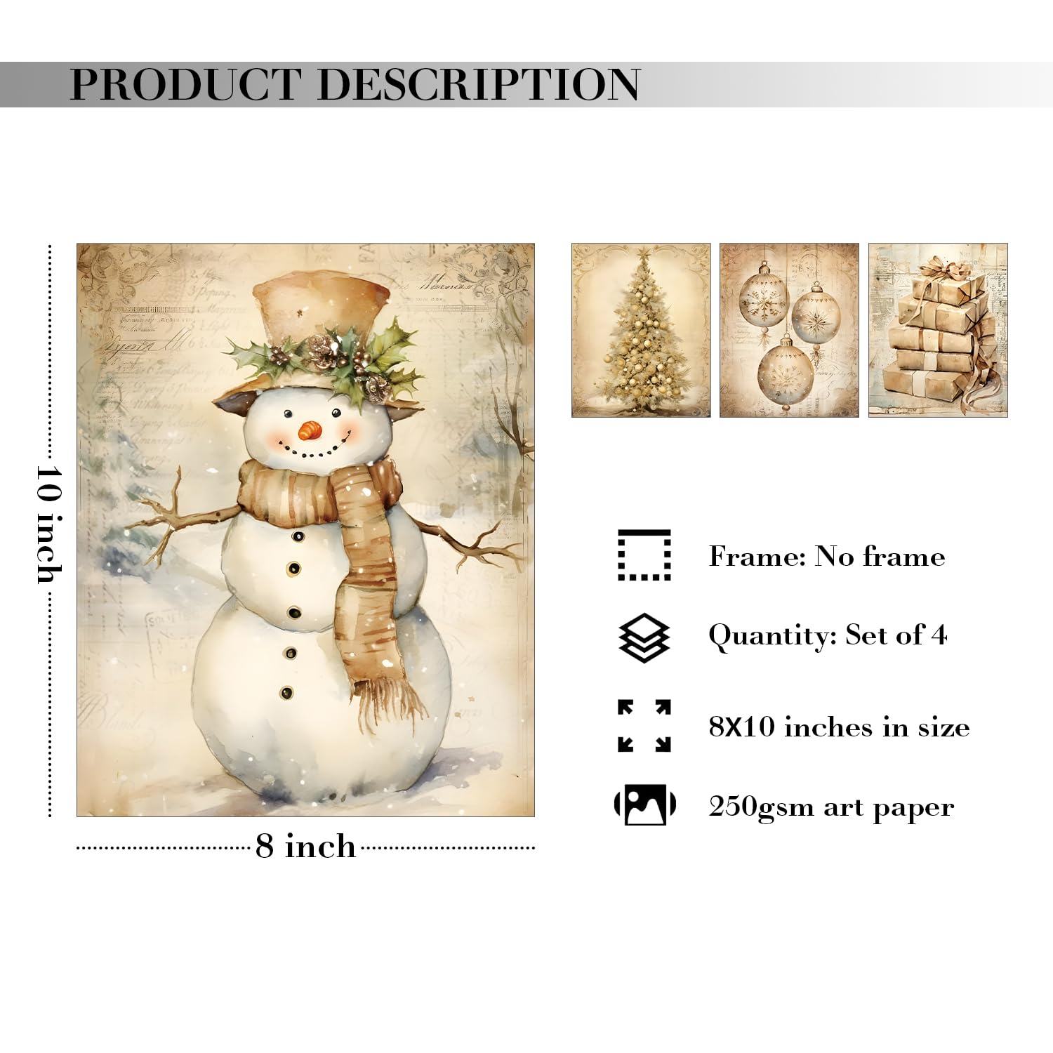JXREQ Vintage Christmas Wall Art Prints 8x10 Snowman Tree Set of 4 Unframed