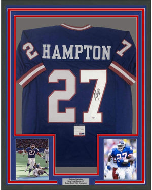 Framed Autographed/Signed Rodney Hampton 35x39 New York Blue Football Jersey PSA/DNA COA