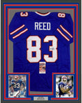 Framed Autographed/Signed Andre Reed HOF 14 35x39 Buffalo Blue Football Jersey JSA COA