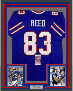Framed Autographed/Signed Andre Reed HOF 14 35x39 Buffalo Blue Football Jersey JSA COA
