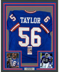 Framed Autographed/Signed Lawrence Taylor HOF 99 35x39 New York Blue Football Jersey JSA COA