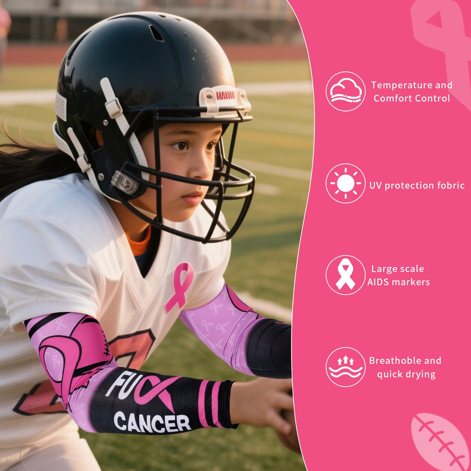 PABOBIT Breast Cancer Awareness Pink Ribbon Arm Sleeves Football 1 Pair Size