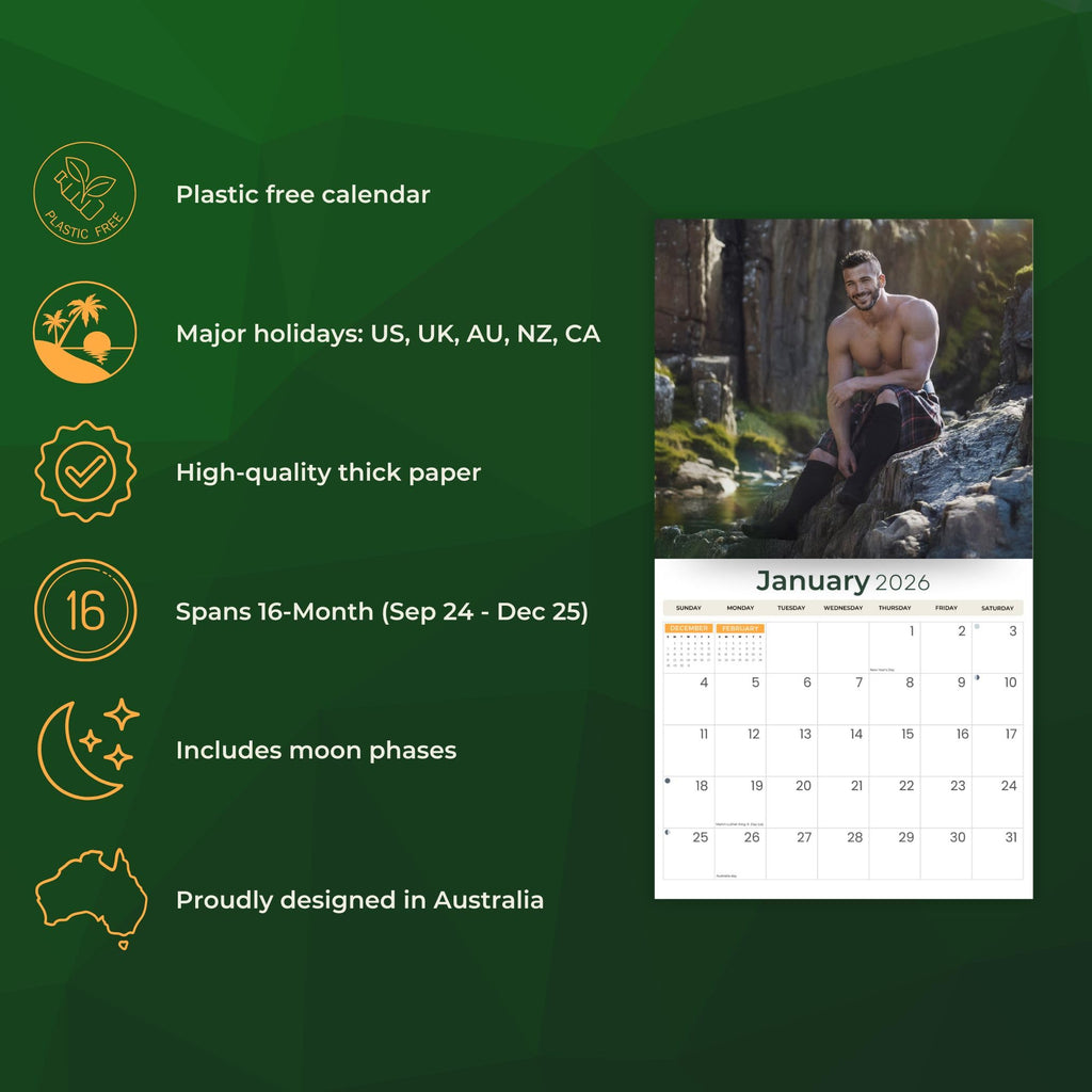Just Calendars Men in Kilts 2026 Deluxe Wall Calendar 12x13.3 Large