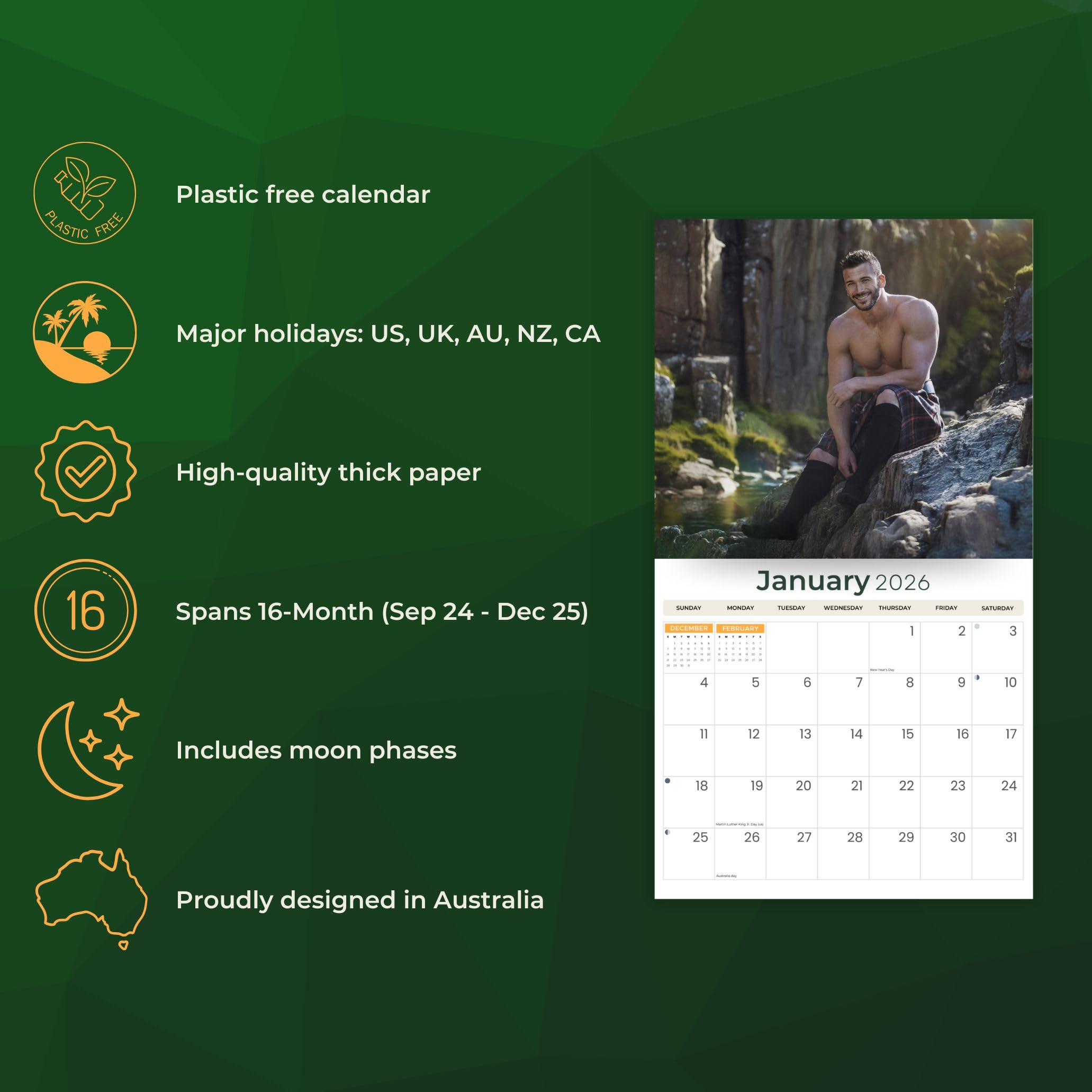 Just Calendars Men in Kilts 2026 Deluxe Wall Calendar 12x13.3 Large