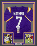 Framed Autographed/Signed Tyrann Mathieu 35x39 LSU Purple College Football Jersey JSA COA