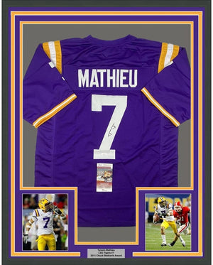 Framed Autographed/Signed Tyrann Mathieu 35x39 LSU Purple College Football Jersey JSA COA