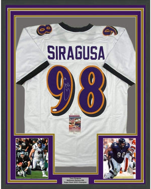 Framed Autographed/Signed Tony Siragusa 35x39 Baltimore White Football Jersey JSA COA
