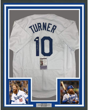 Framed Autographed/Signed Justin Turner 35x39 Los Angeles LA White Baseball Jersey JSA COA