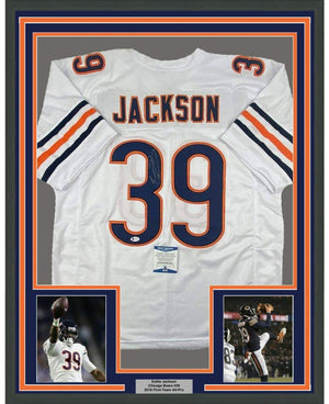 Framed Autographed/Signed Eddie Jackson 35x39 Chicago White Football Jersey Beckett BAS COA