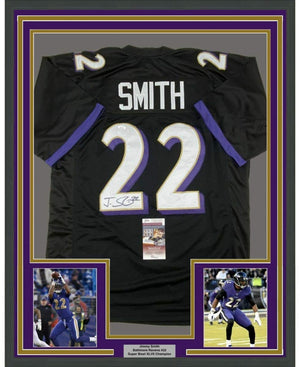 Framed Autographed/Signed Jimmy Smith 35x39 Baltimore Black Football Jersey JSA COA