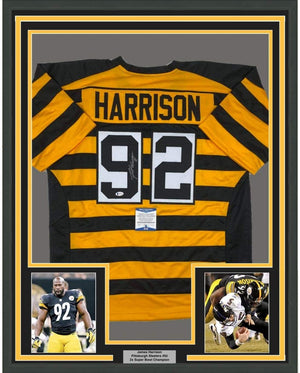 Framed Autographed/Signed James Harrison 35x39 Pittsburgh Bumble Bee Football Jersey Beckett BAS COA