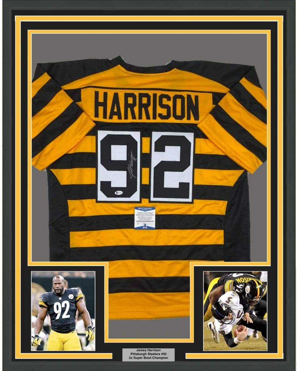 Framed Autographed/Signed James Harrison 35x39 Pittsburgh Bumble Bee Football Jersey Beckett BAS COA
