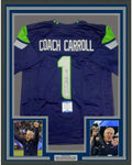 Framed Autographed/Signed Coach Pete Carroll 35x39 Seattle Blue Football Jersey Beckett BAS COA