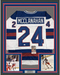 Framed Autographed/Signed Rob McClanahan 35x39 White Team USA Miracle On Ice 1980 Olympics Hockey Jersey JSA COA