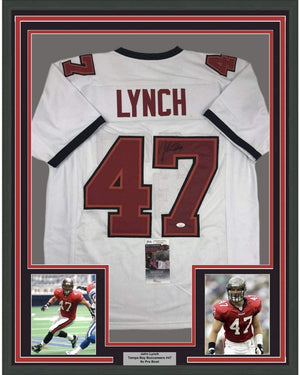 Framed Autographed/Signed John Lynch 35x39 Tampa Bay White Football Jersey JSA COA