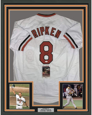 Framed Autographed/Signed Cal Ripken Jr. 35x39 Baltimore White Baseball Jersey JSA COA