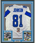 Framed Autographed/Signed Calvin Johnson 35x39 Detroit White Football Jersey JSA COA #2