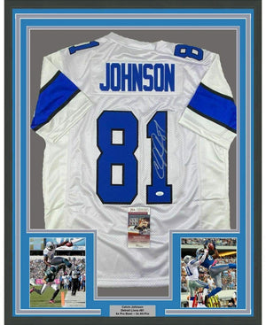 Framed Autographed/Signed Calvin Johnson 35x39 Detroit White Football Jersey JSA COA #2