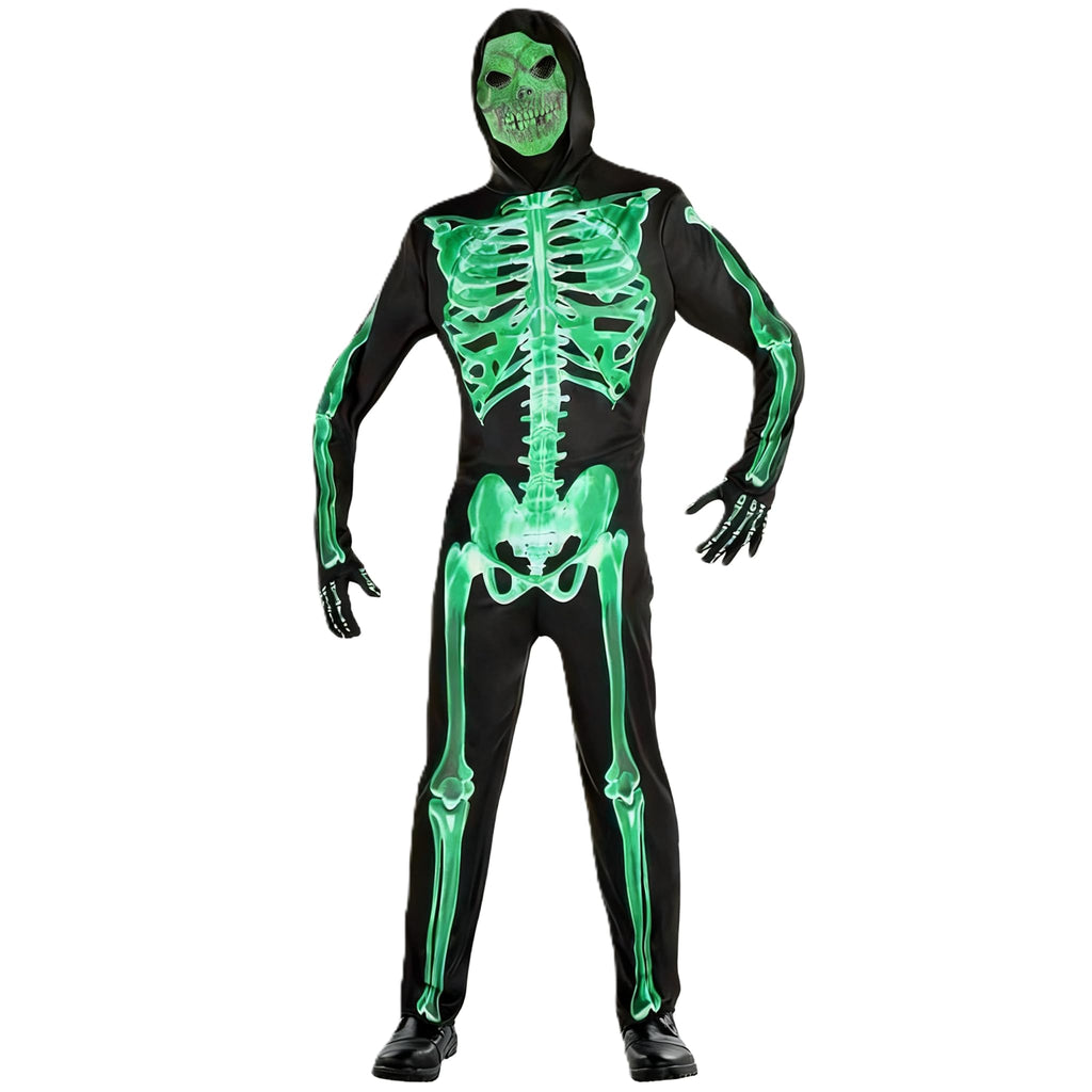 XXLOG Glow in the Dark Skeleton Costume Hooded Jumpsuit Halloween Cosplay Adult