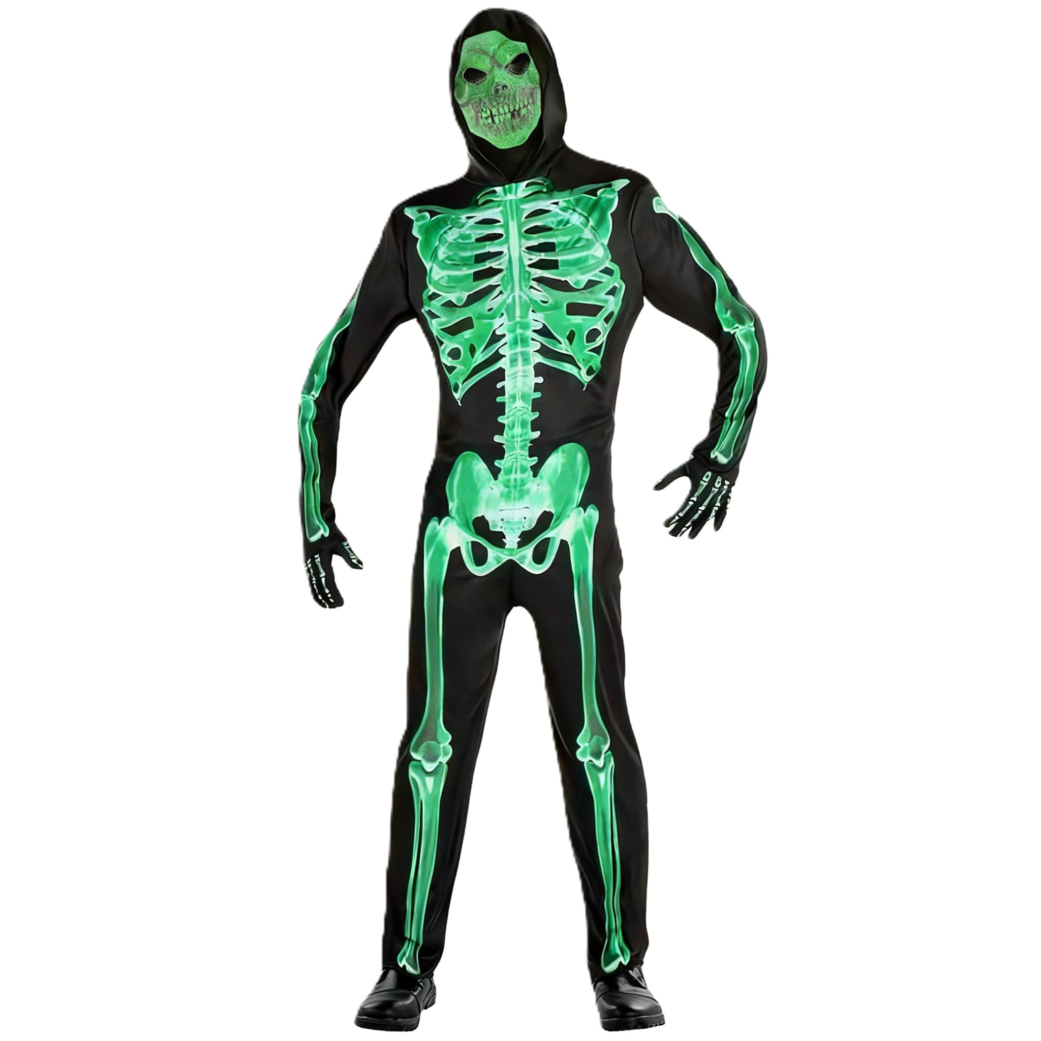 XXLOG Glow in the Dark Skeleton Costume Hooded Jumpsuit Halloween Cosplay Adult