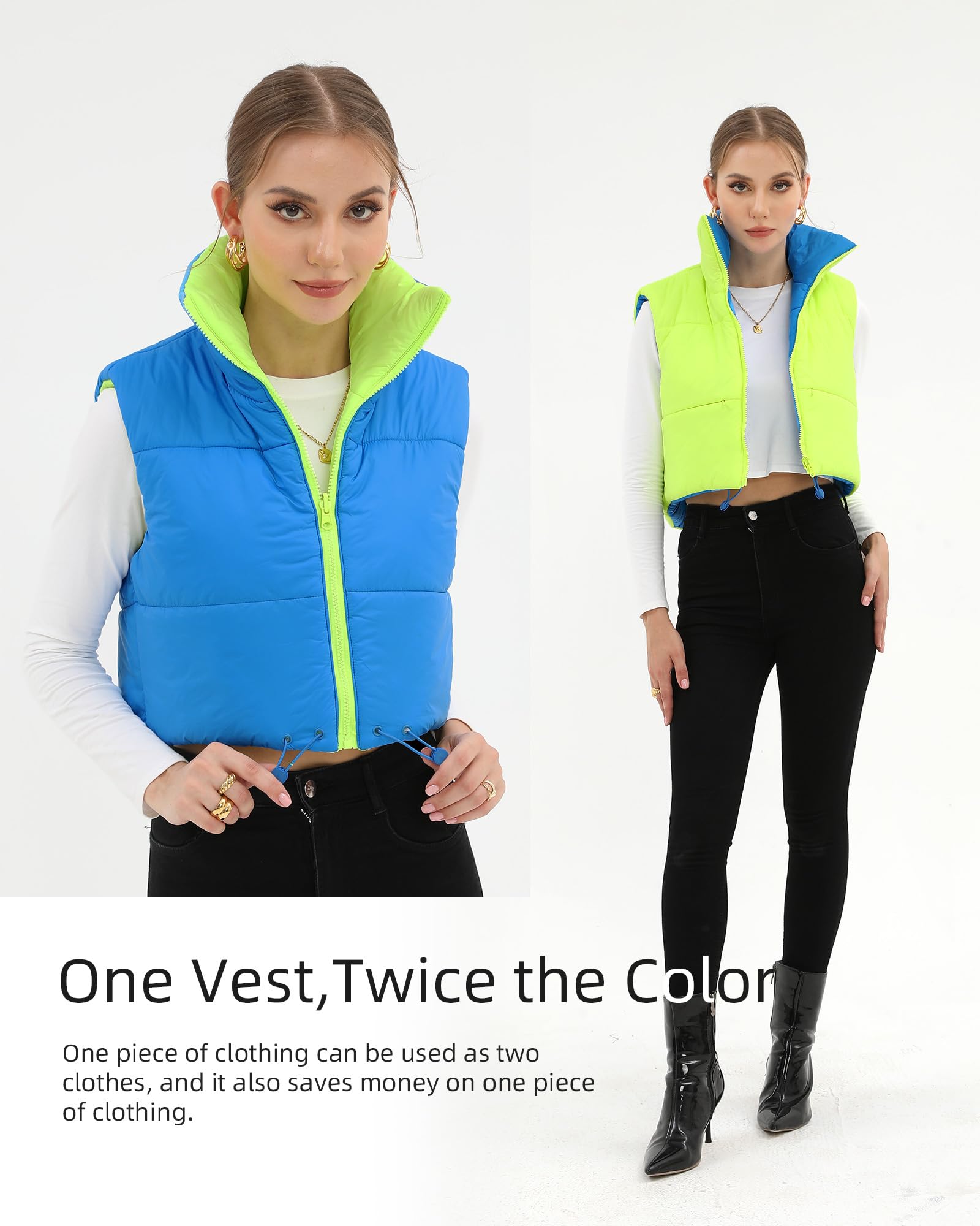 Xeoxarel Women's Reversible Puffer Cropped Vest Full Zip Sleeveless Green Blue M