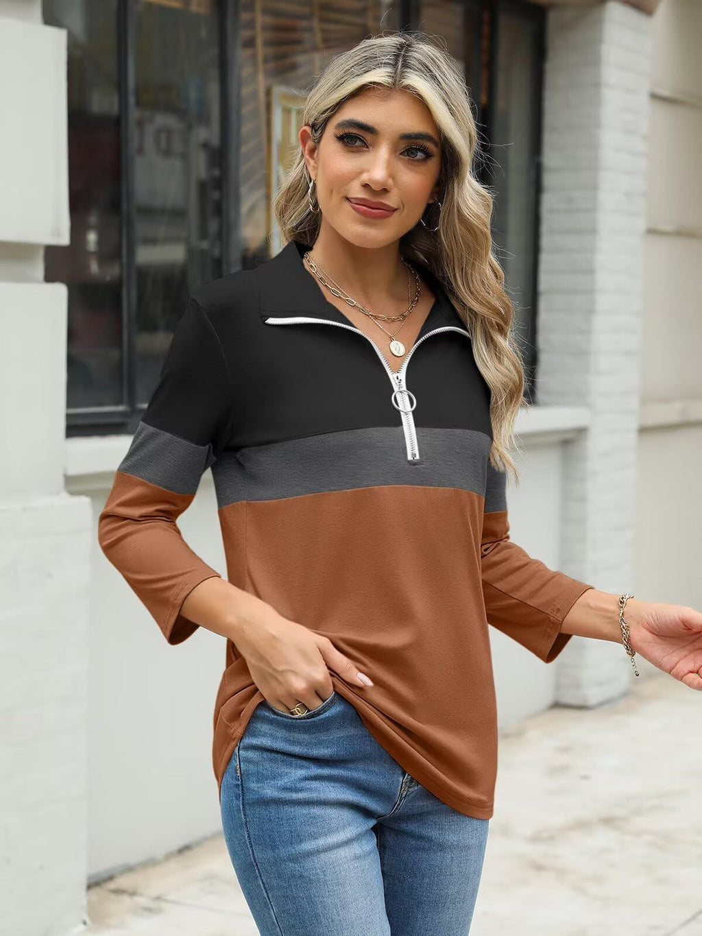 TICTICMISS Women's V Neck 3/4 Sleeve Zipper Polo Shirt Black-Charcoal-Brown L