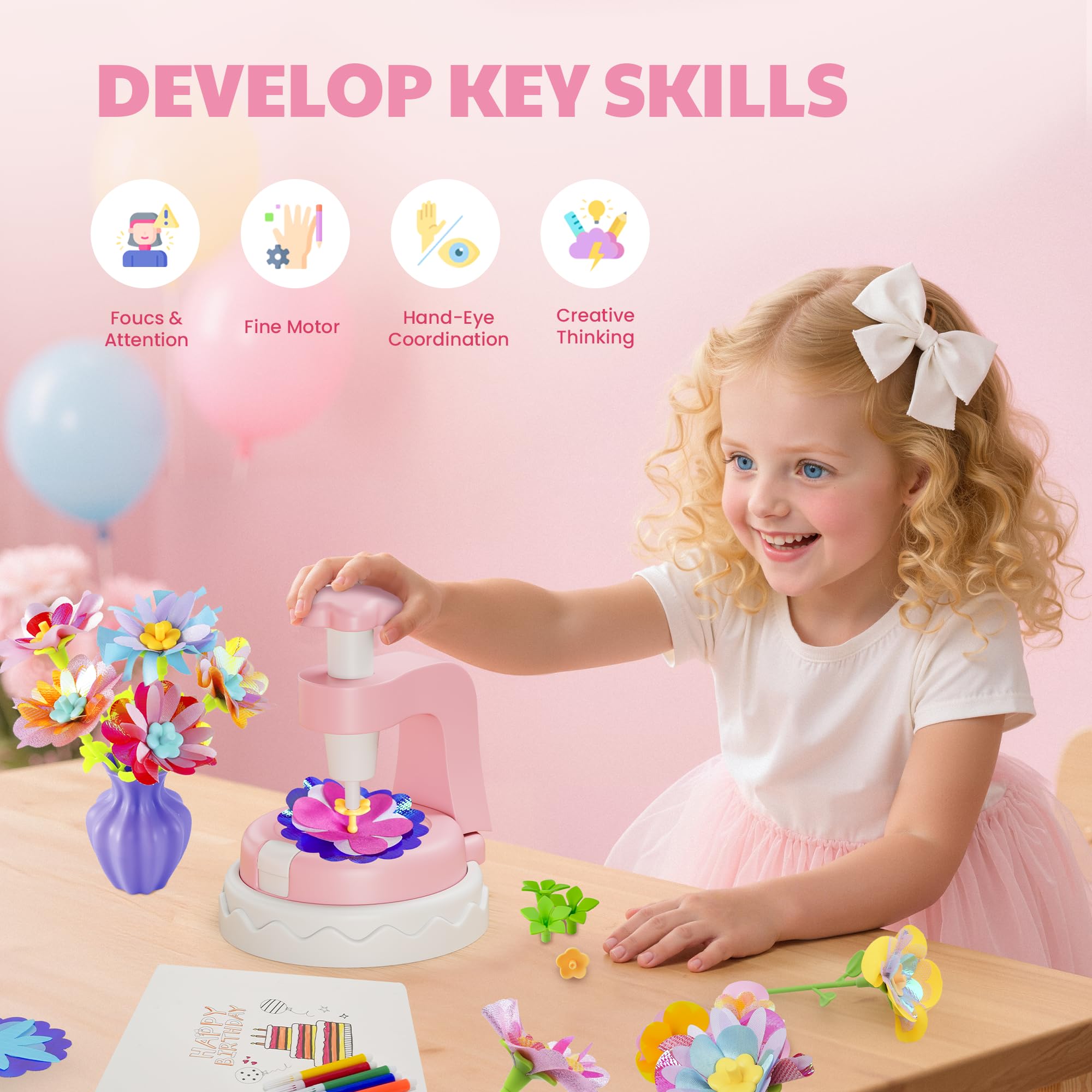 Kingci Fabric Flower Bouquets DIY Kit 117PCS Pink Creative Craft Set