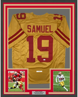 Framed Autographed/Signed Deebo Samuel 35x39 San Francisco Gold Football Jersey JSA COA