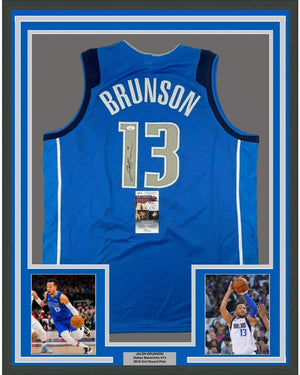 Framed Autographed/Signed Jalen Brunson 35x39 Dallas Light Blue Basketball Jersey JSA COA