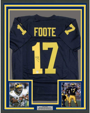 Framed Autographed/Signed Larry Foote 35x39 Michigan Blue College Football Jersey JSA COA Holo Only