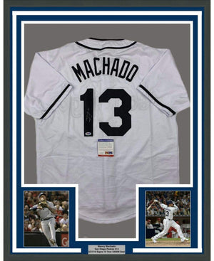Framed Autographed/Signed Manny Machado 35x39 San Diego White Baseball Jersey Beckett BAS COA #2