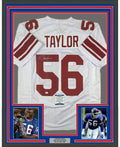 Framed Autographed/Signed Lawrence Taylor 35x39 New York White Football Jersey Beckett BAS COA