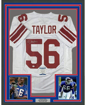 Framed Autographed/Signed Lawrence Taylor 35x39 New York White Football Jersey Beckett BAS COA