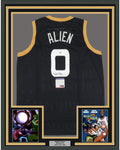 Framed Autographed/Signed Muggsy Bogues 35x39 Alien Space Jam Monstars Black Basketball Jersey PSA/DNA COA