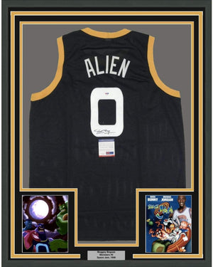 Framed Autographed/Signed Muggsy Bogues 35x39 Alien Space Jam Monstars Black Basketball Jersey PSA/DNA COA