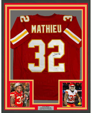 Framed Autographed/Signed Tyrann Mathieu 35x39 Kansas City Red Football Jersey PSA/DNA COA