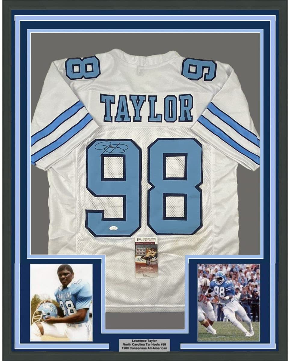 Framed Autographed/Signed Lawrence Taylor 35x39 North Carolina UNC White College Football Jersey JSA COA