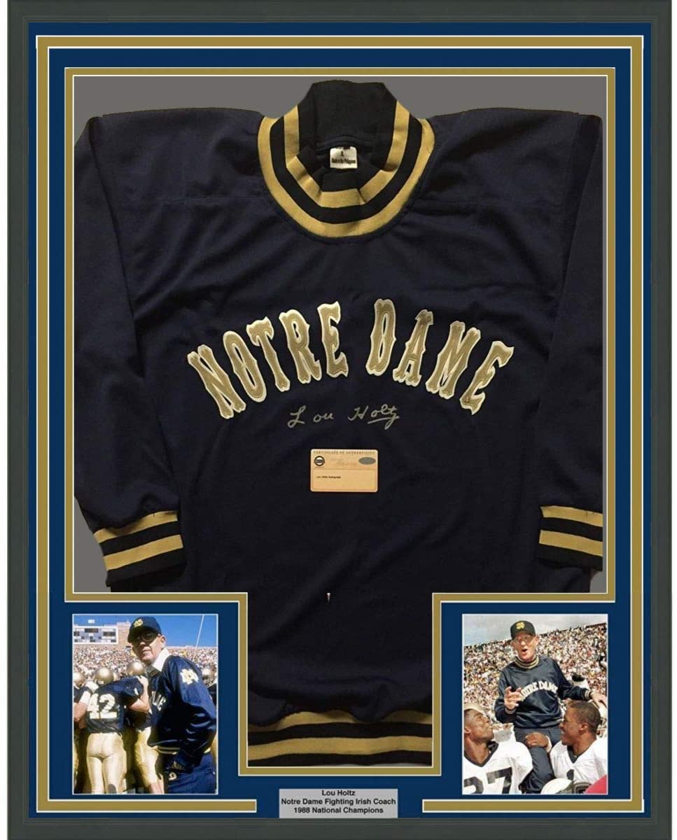 Framed Autographed/Signed Lou Holtz 35x39 Notre Dame Fighting Irish Football Jersey Jacket Steiner Sports COA