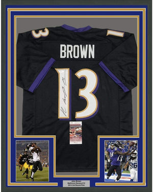 Framed Autographed/Signed John Brown 35x39 Baltimore Black Football Jersey JSA COA