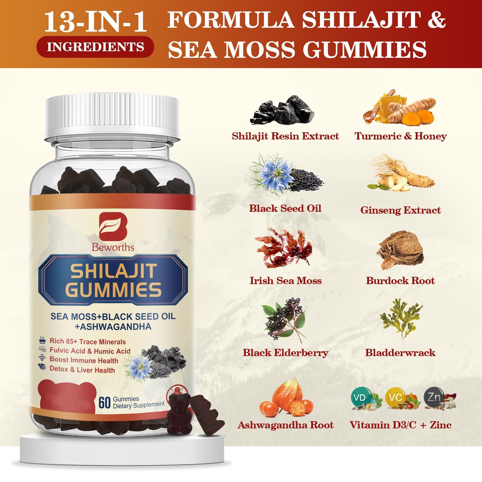 B BEWORTHS Shilajit Gummies with Ashwagandha & Herbs 60 Count