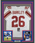 Framed Autographed/Signed Saquon Barkley 35x39 New York White Football Jersey JSA COA
