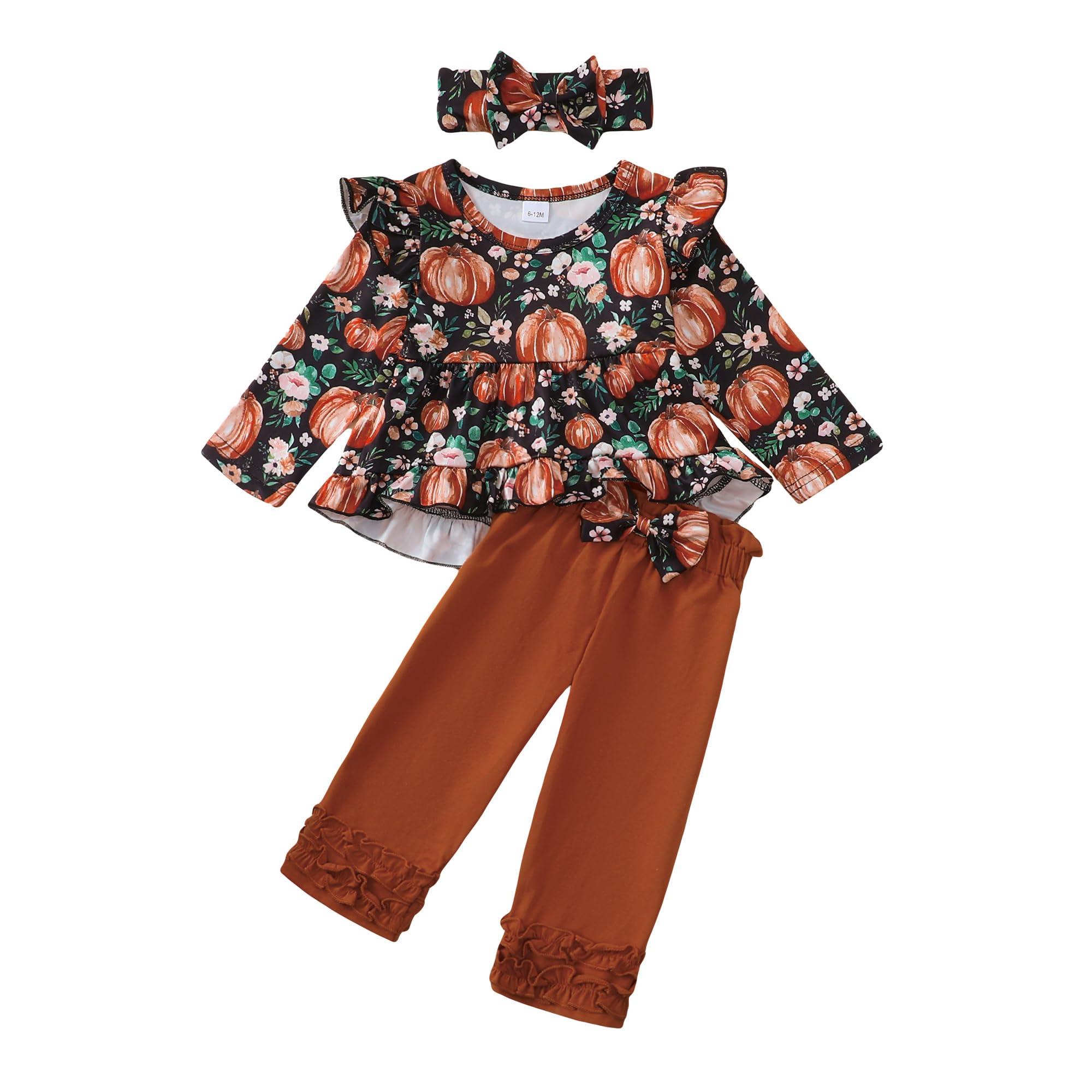 Kislio Toddler Girls Pumpkin Ghost Shirt Ruffle Pants Set 3PCS orange 12-18M