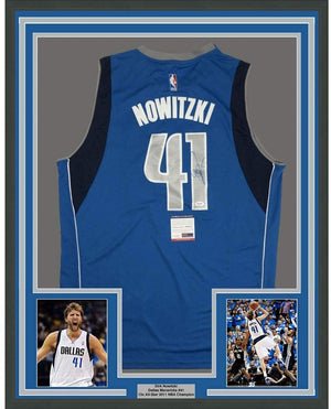 Framed Autographed/Signed Dirk Nowitzki 35x39 Dallas Blue Basketball Jersey PSA/DNA COA
