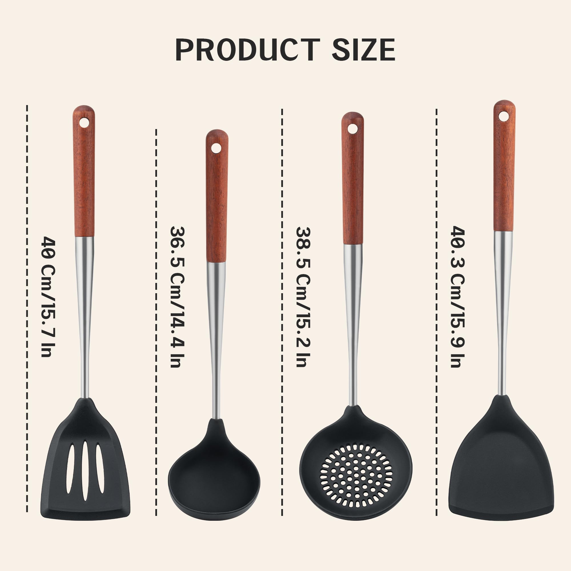FJNATINH Silicone Spatula Turner Ladle Skimmer Set Stainless Steel Wood 4Pc